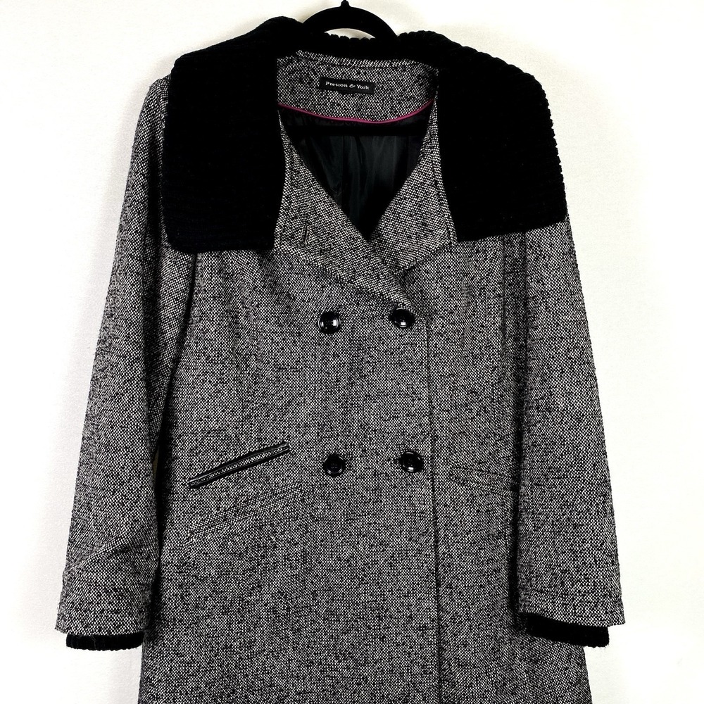 Preston York Sz 14 Large Black Long Pea Coat Double Breasted Office Classic Chic - Picture 2 of 7